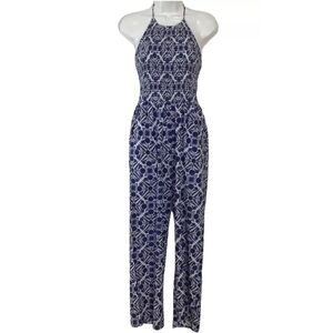Patrons of Peace Blue & White Smocked Halter Jumpsuit Mediterranean Tile